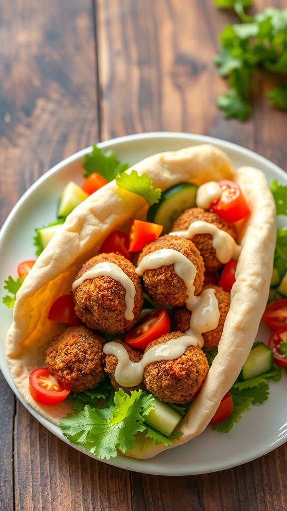 Homemade Falafel with Pita Bread Falafel in pita bread with fresh vegetables and tahini sauce on a rustic wooden table.